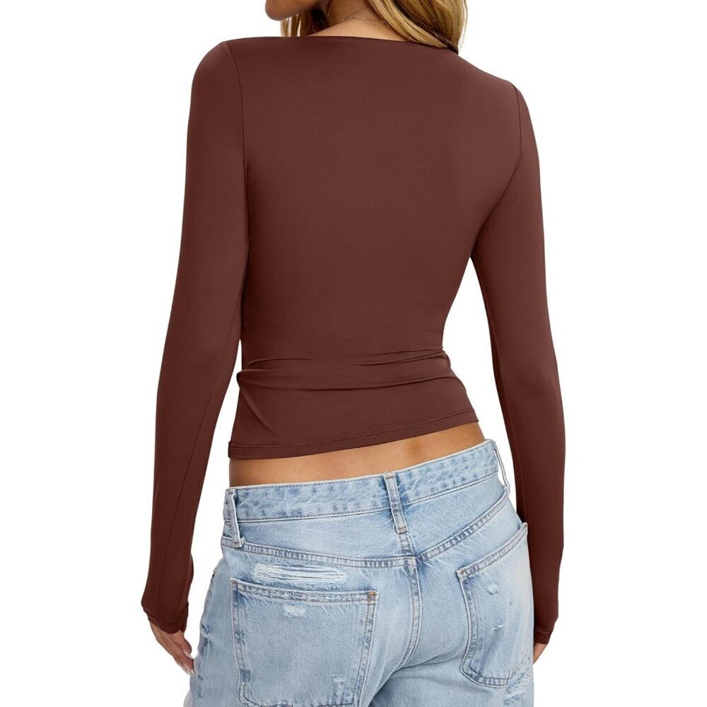 Women's Double Layered Long Sleeve Boat Neck Shirt Fitted Casual Top - Picture 5 of 6